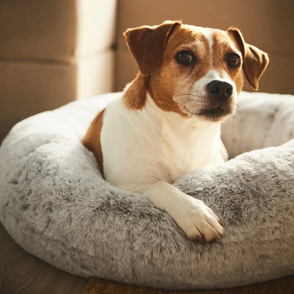 A cosy, round pet bed with high sides, designed for a comfy curl. Ideal for medium-sized dogs, its soft and calming.