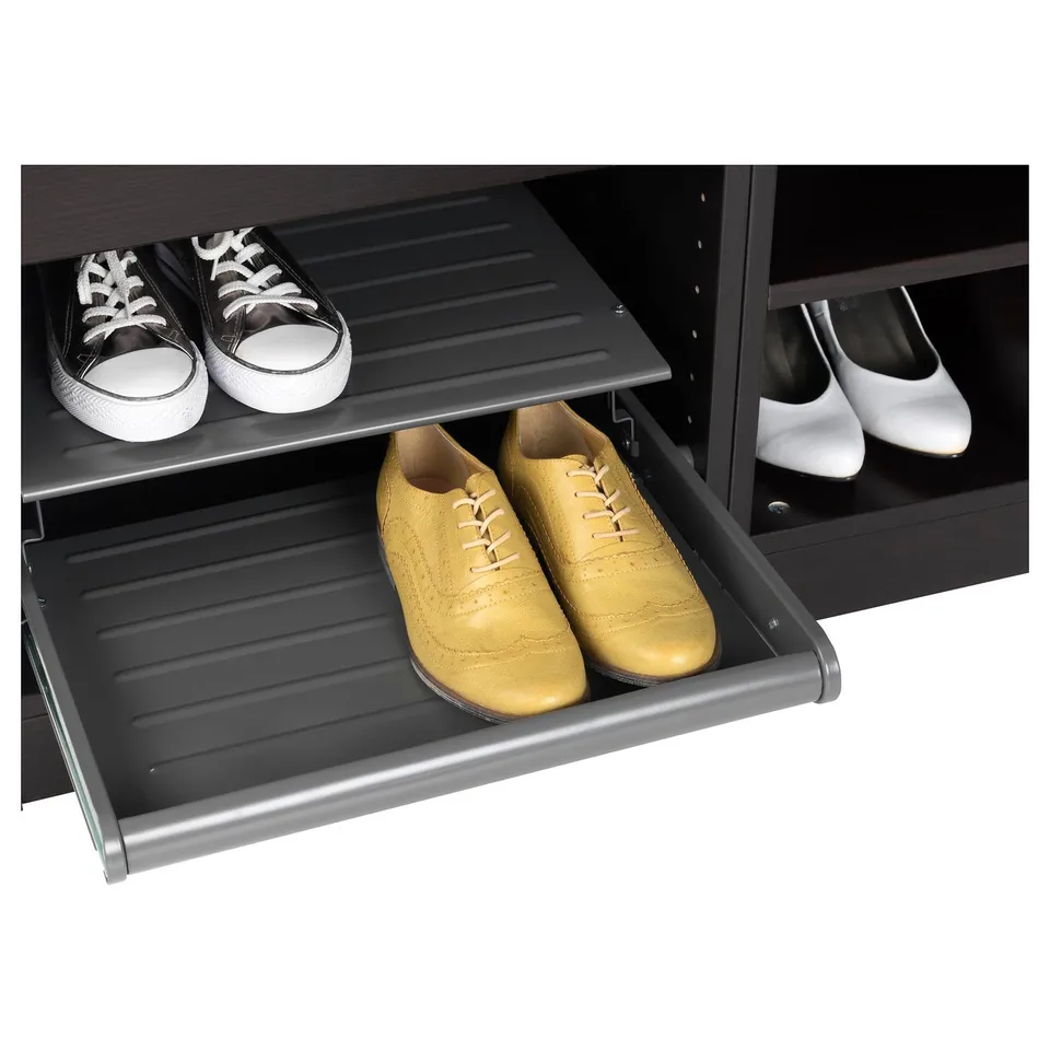 Shoe shelf with pull-out trays holding trendy footwear, demonstrating easy access and efficient storage.