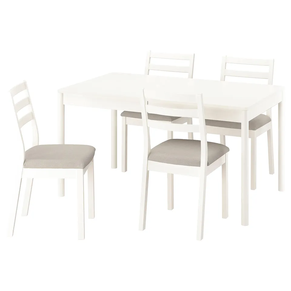 IKEA TONSTAD white dining set, 4 chairs, off-white padding.
