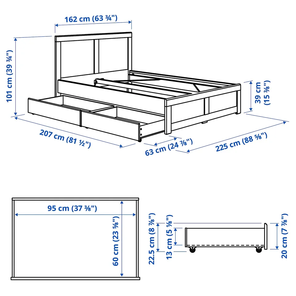 FÅGELFJÄLLET Bed frame with 2 storage boxes, off-white/Luröy, 150x200 cm
