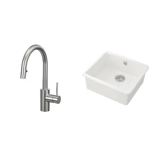 HAVSEN/SALLSJÖN set: inset sink, 1 bowl + kitchen mixer tap pull out