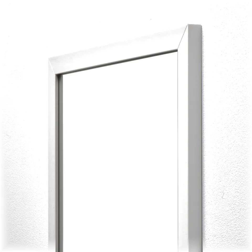 Mirror with sleek, modern white frame, safely attached to wall, suitable for bathroom, designed for abuse resistance.