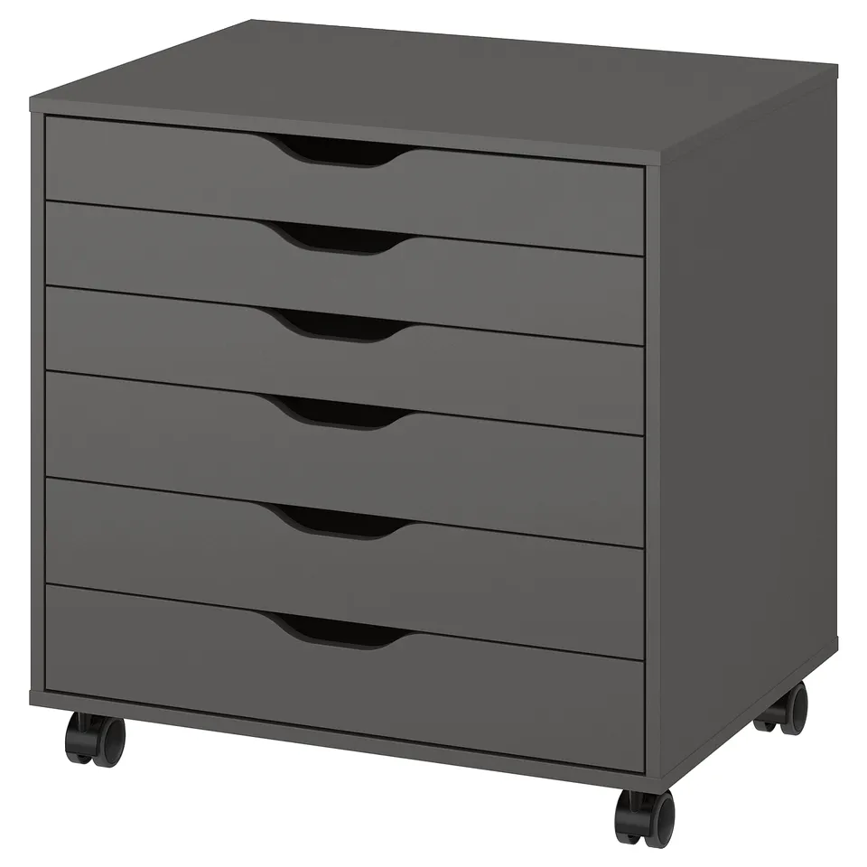 A dark grey, six-drawer storage cabinet on wheels, designed for offices or home spaces, with a sleek and modern look.