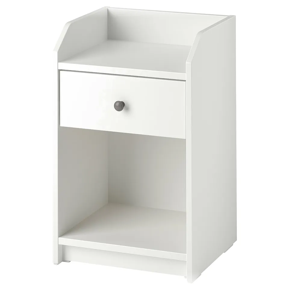 White RAMNEFJÄLL bedside table with drawer & open shelf.