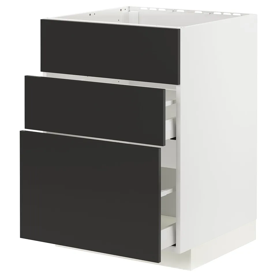 White METOD kitchen cabinet with three black drawers.