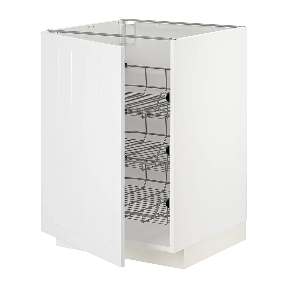 White METOD kitchen cabinet with wire shelves.