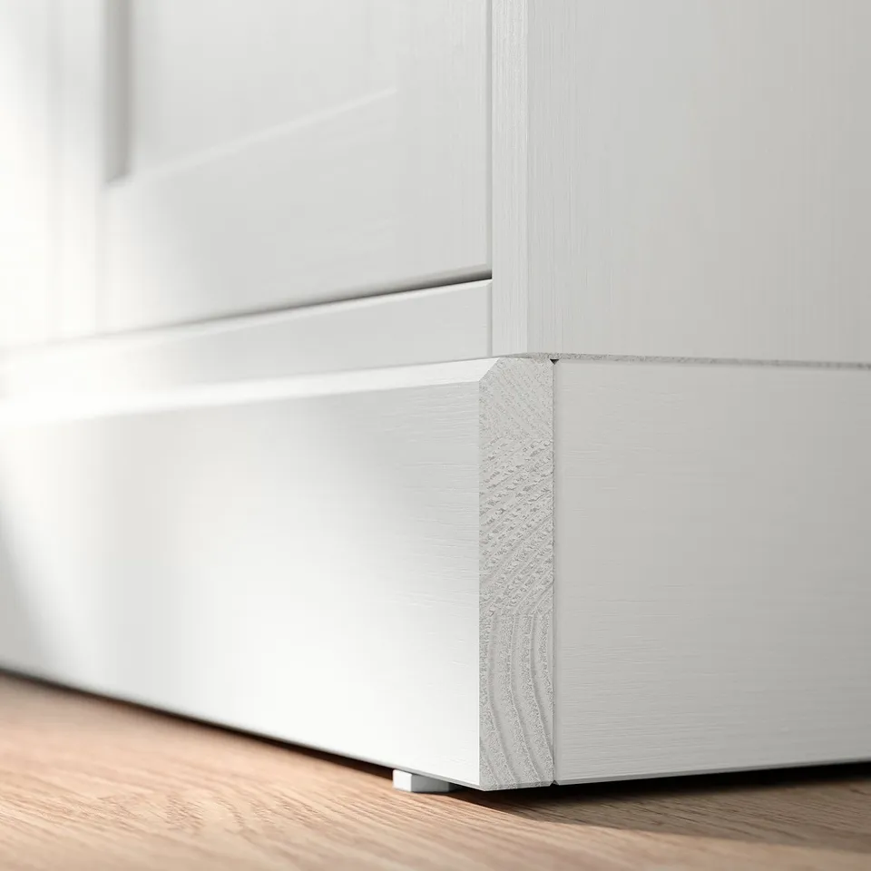 White wooden cabinet corner with textured panel, modern design.