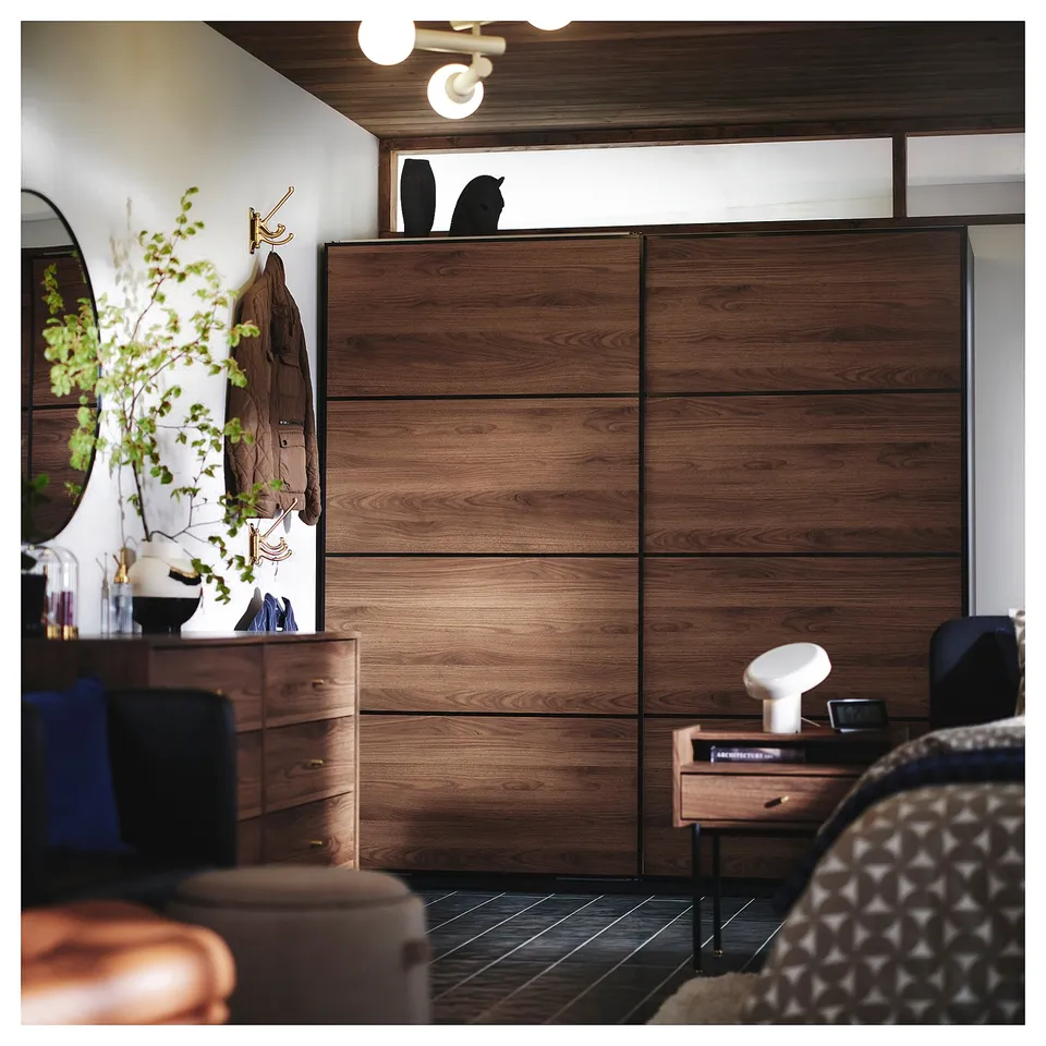 MEHAMN 4 panels for sliding door frame, walnut effect/blue, 100x201 cm