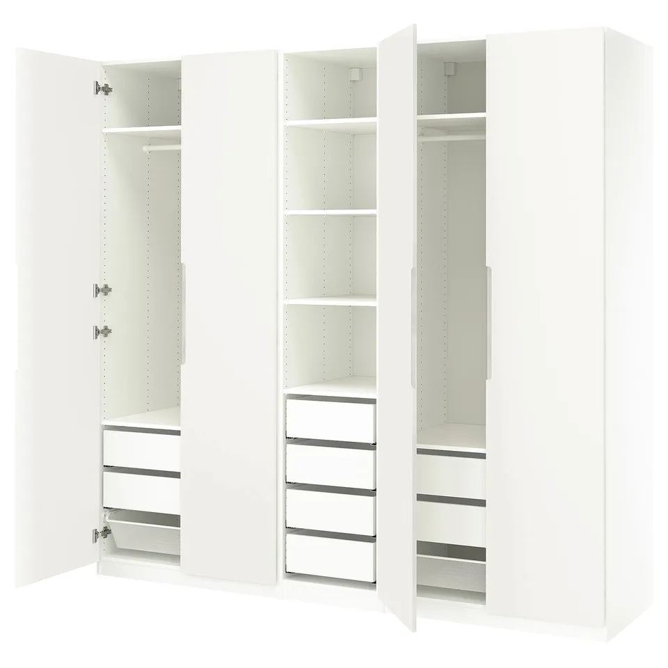 White PAX wardrobe with open doors, shelves, drawers, and mesh basket for clothes. Modern, minimalist design.