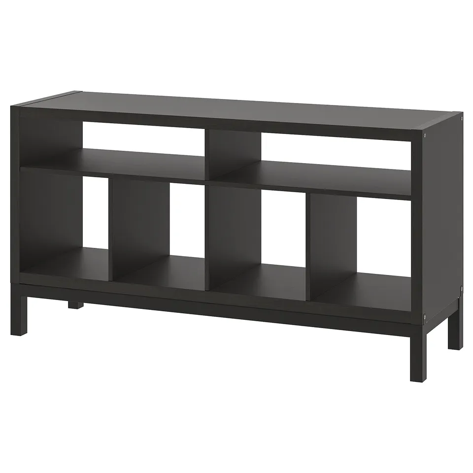 Black KALLAX tv stand with open shelves.