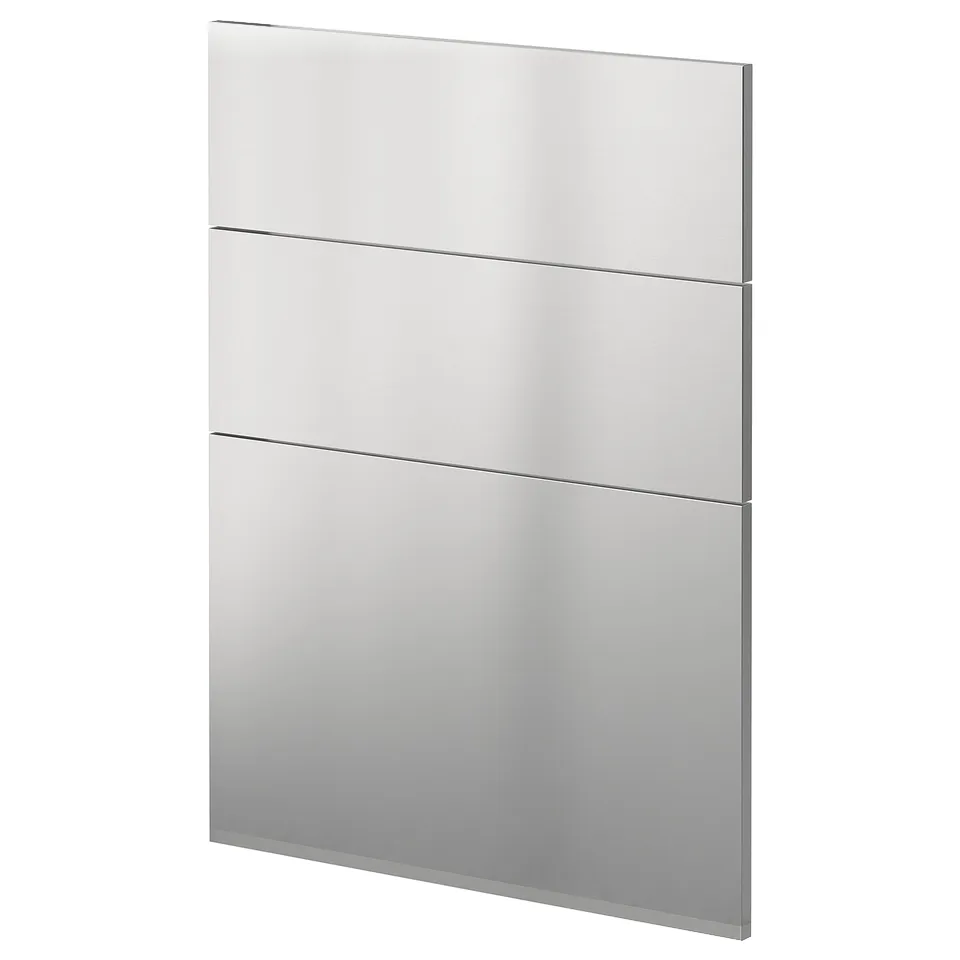 Ikea METOD kitchen cabinet with stainless steel vårsta fronts, sleek, rectangular design.