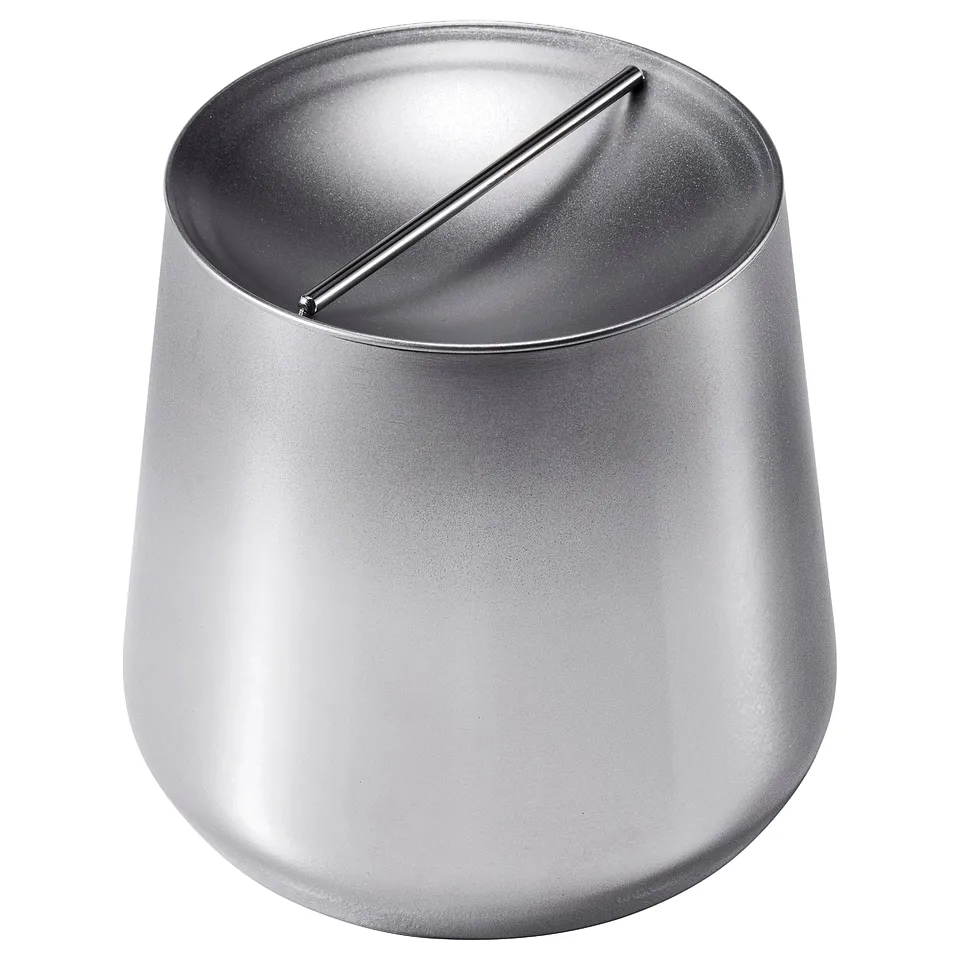 Silver AFTONHAJ canister. Round with flat top, slim slot. Stainless steel. Modern, elegant design.