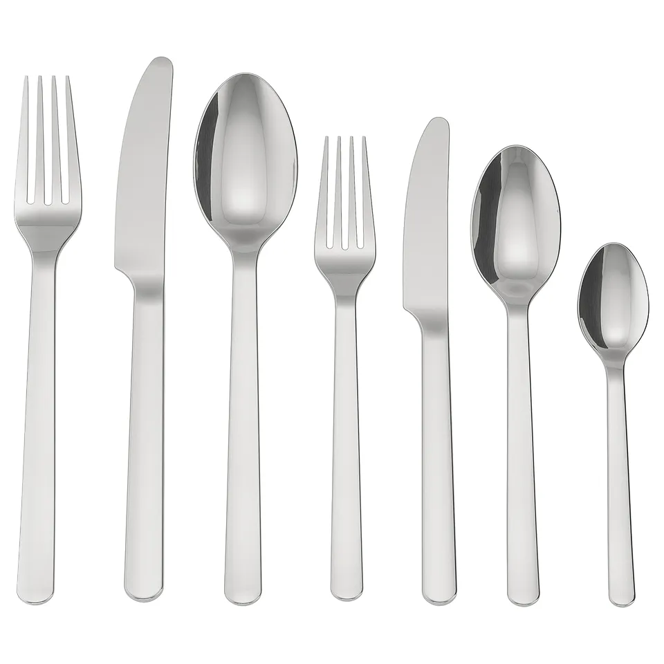 Six-piece cutlery set: fork, knife, large/spoon, small/spoon. Modern, polished steel, durable design. IKEA 365+.