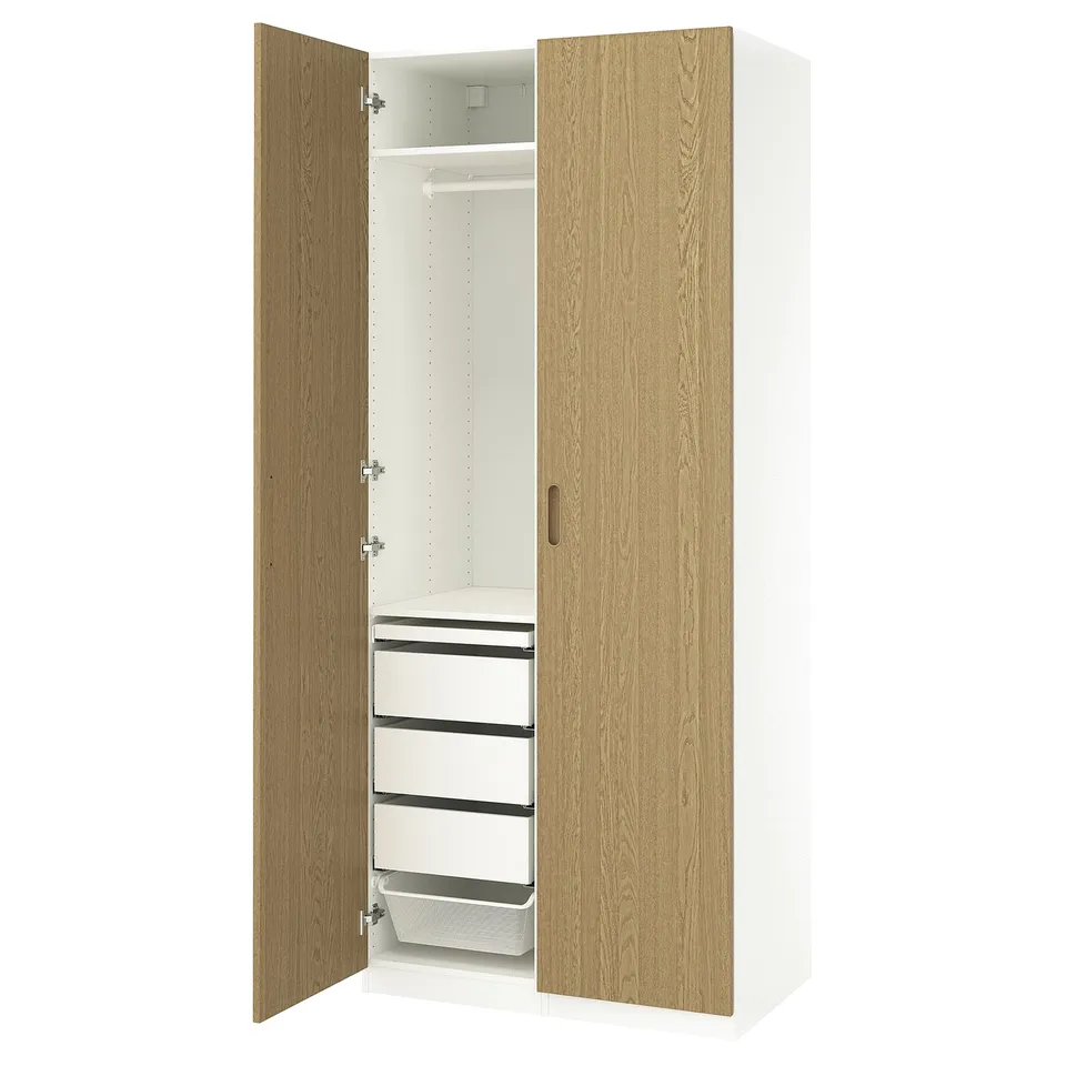 Ikea PAX wardrobe: oak & white, tall, 2-door, hinged, with drawers & shelves.