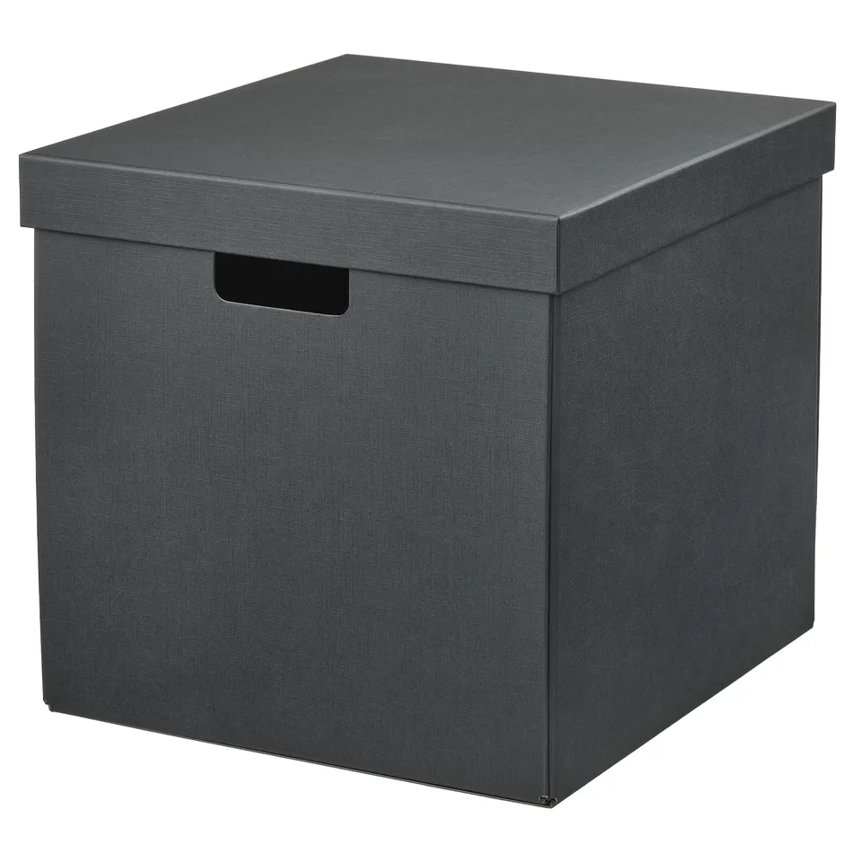 Dark grey FJÄDERHARV storage box with lid, square shape and handle cutout.