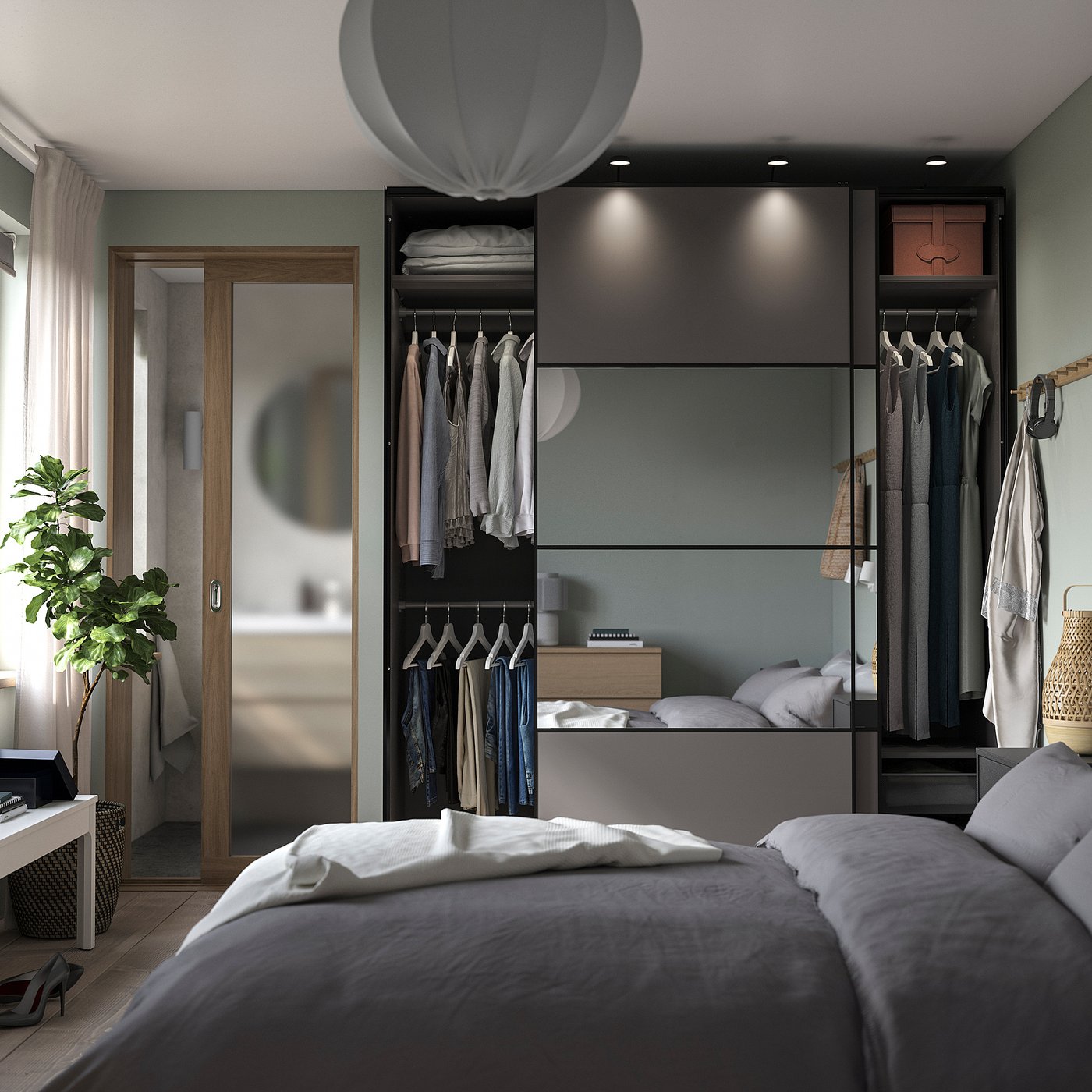 Modern bedroom PAX wardrobe with sliding glass doors, grey linens, and built-in lighting.