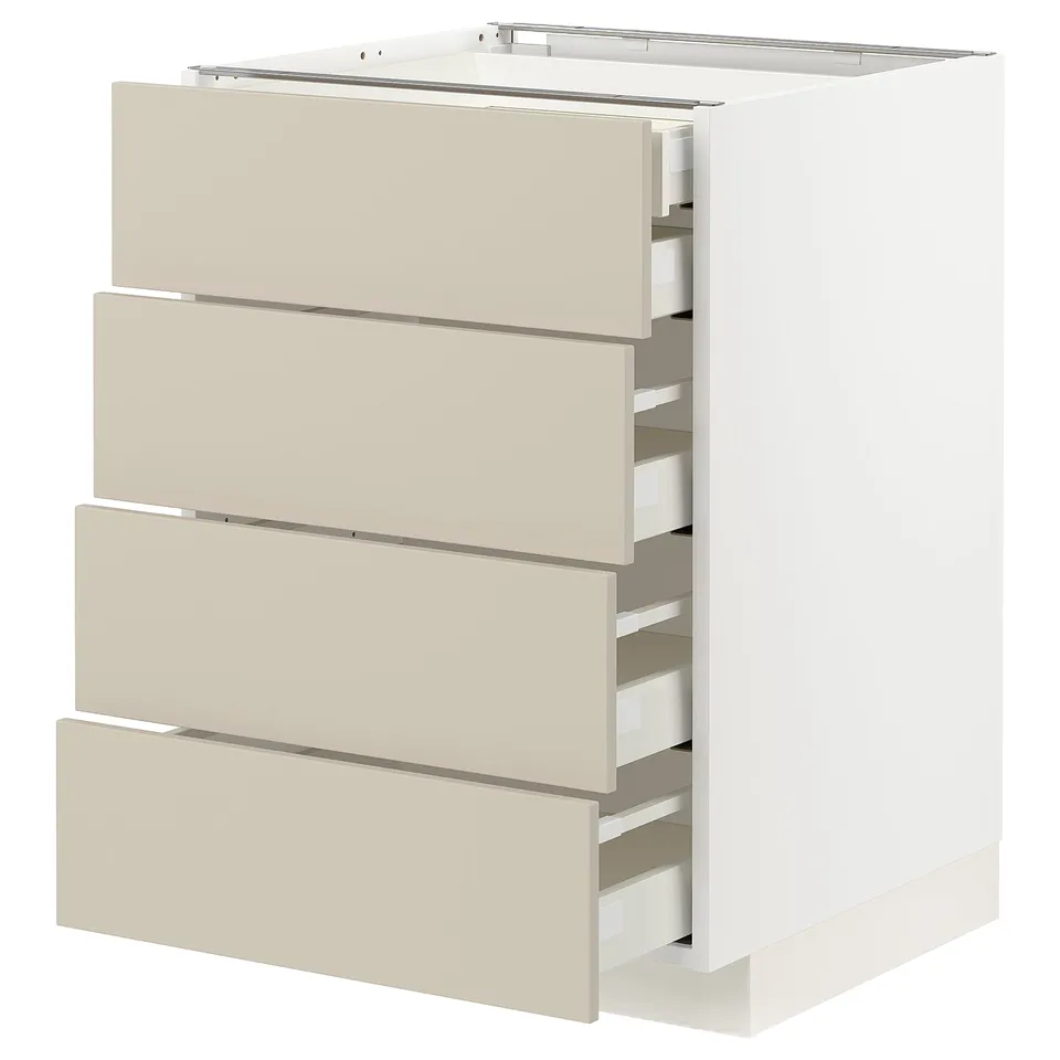 Modern white kitchen unit with beige drawers.