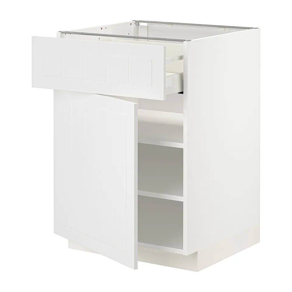 A white METOD kitchen cabinet with a drawer and two shelves. Its rectangular and modern designed.