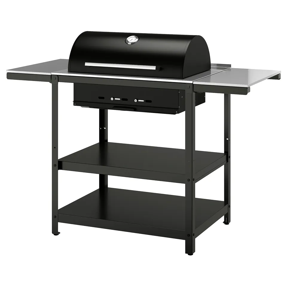 Black outdoor grill with side tables, stainless steel top, on a metal stand.