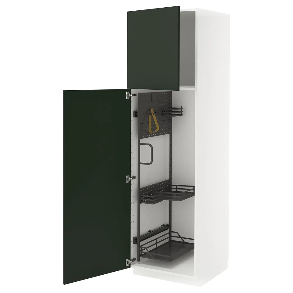 A white METOD kitchen cabinet with green doors and internal organisers.