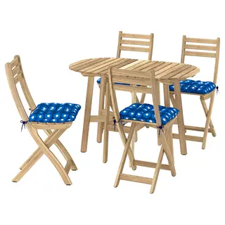 ASKHOLMEN gateleg table+4 chairs, outdoor, foldable acacia/Klösan dark blue