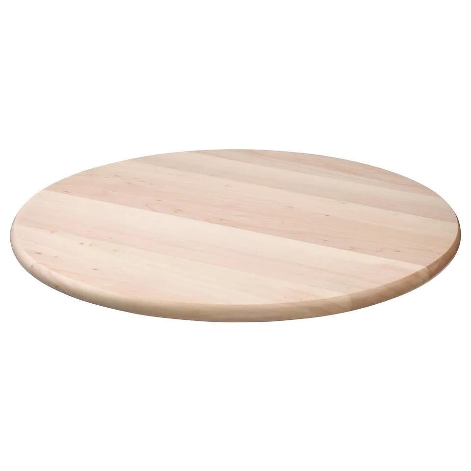 SNUDDA round wooden tray, natural. Simply spinning for easy access, made of solid aspen with clear lacquer finish.