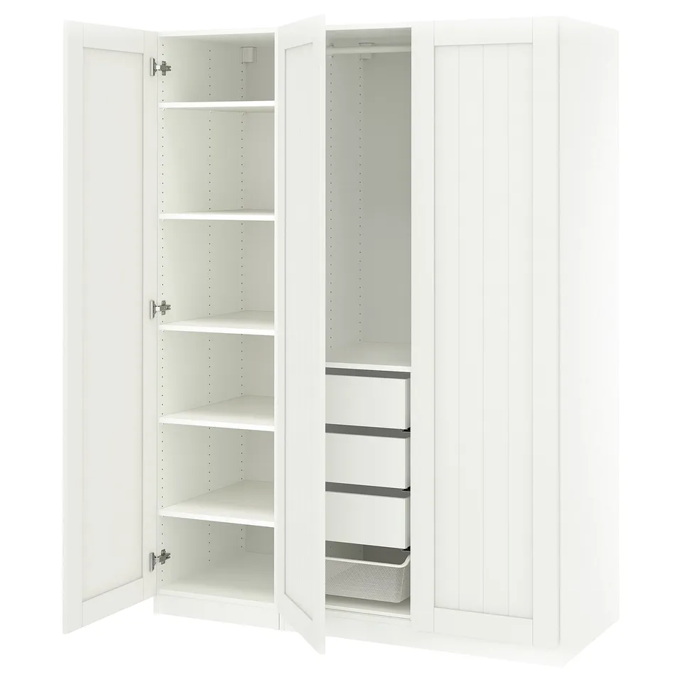 A white PAX wardrobe with open doors, displaying multiple shelves and organisers.