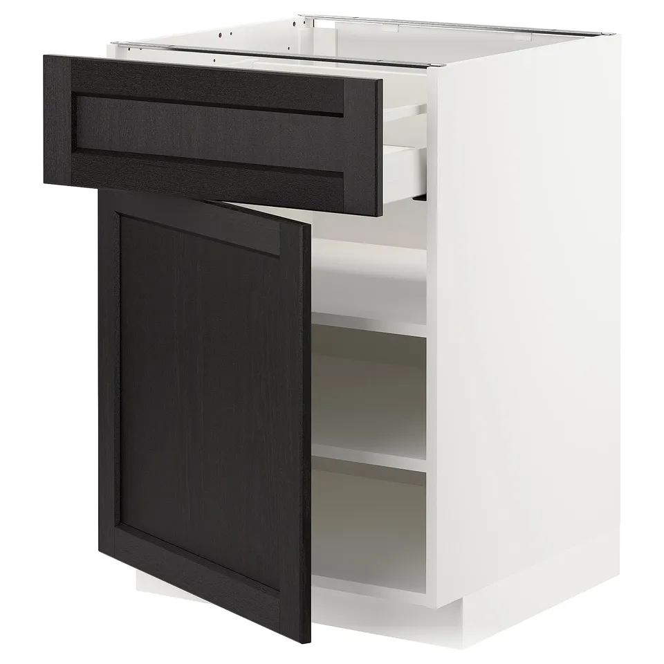 Modern kitchen unit, white & black, open drawer.