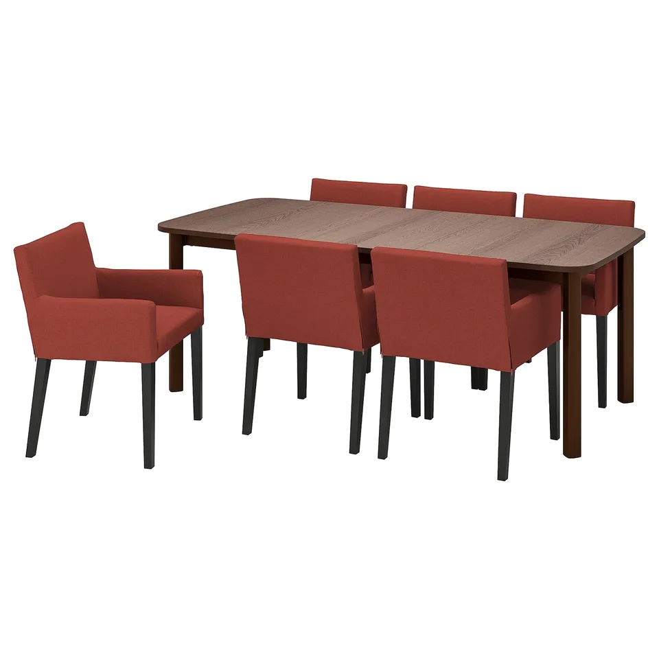 STRANDTORP dining set: 6 red chair table. Modern, cushioned seats.