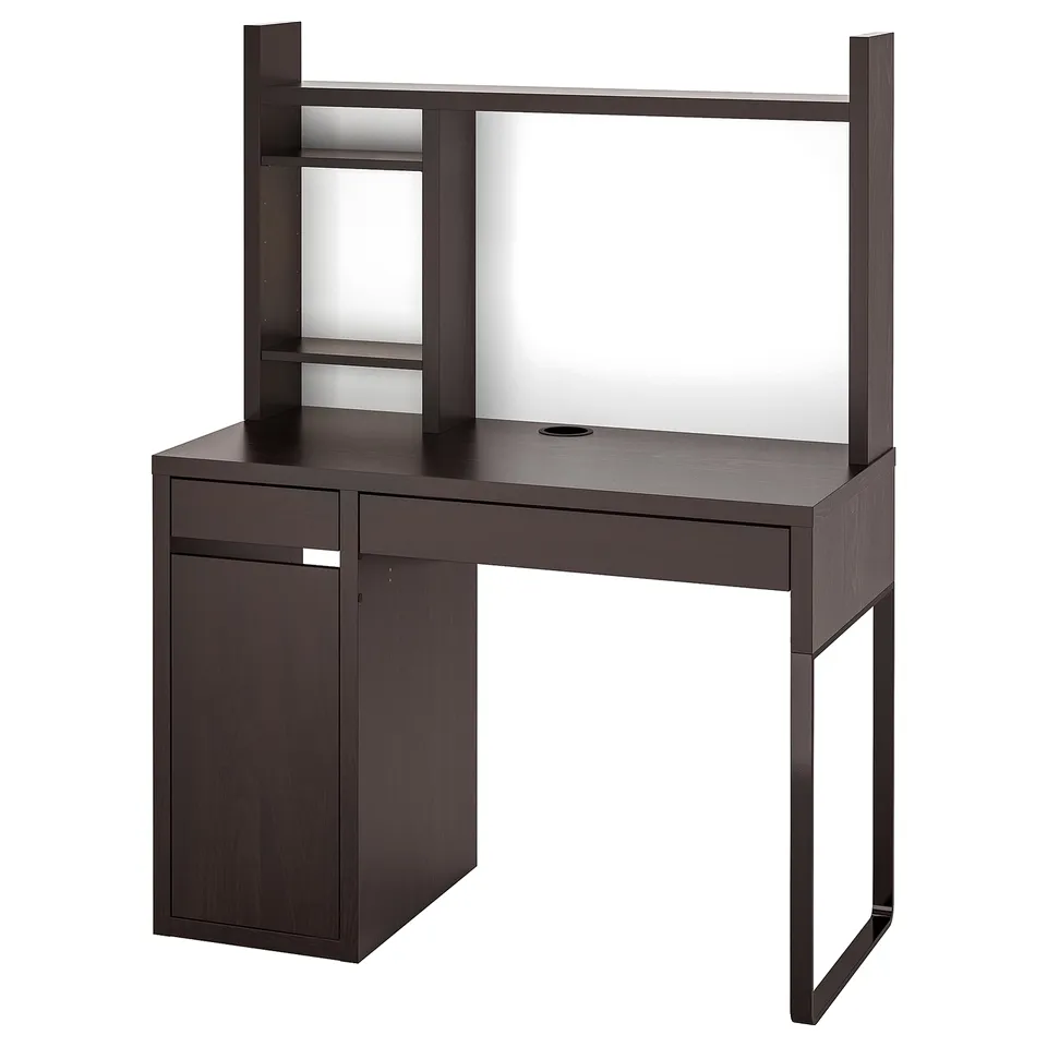 MICKE dark brown desk with shelves and cabinet. Compact, functional, with cable management.