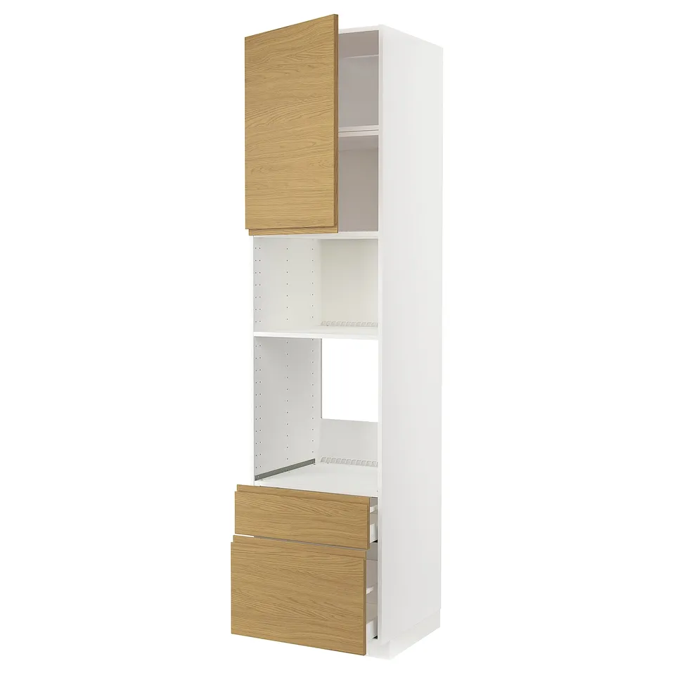 Vertical kitchen unit with light wood doors and white body, sleek modern design.
