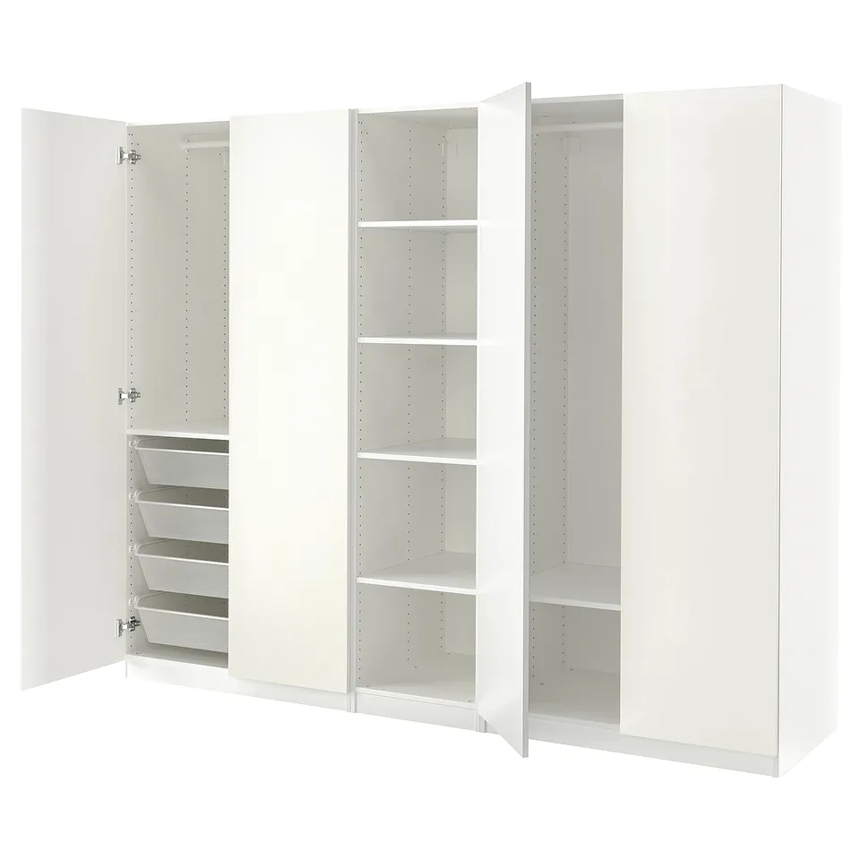 White ikea PAX wardrobe with multiple shelves and drawers. Modern, minimalist design.
