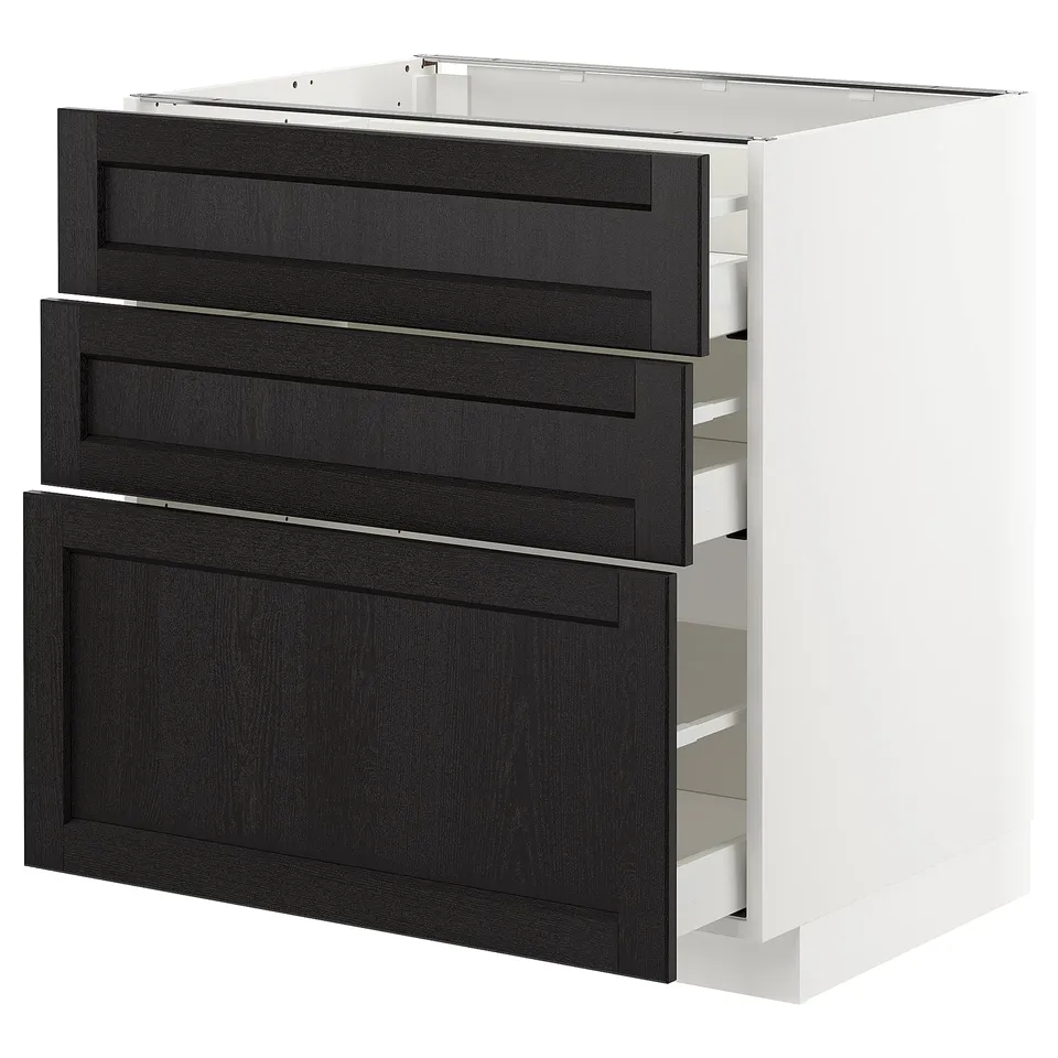 METOD kitchen unit with three black-stained ash drawers, modern design.