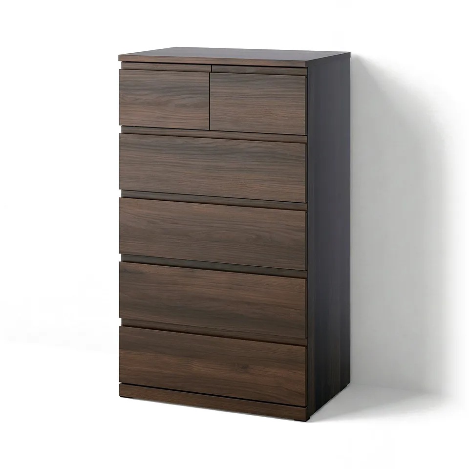 Dark brown 6-drawer chest with sleek, modern design and integrated handles.