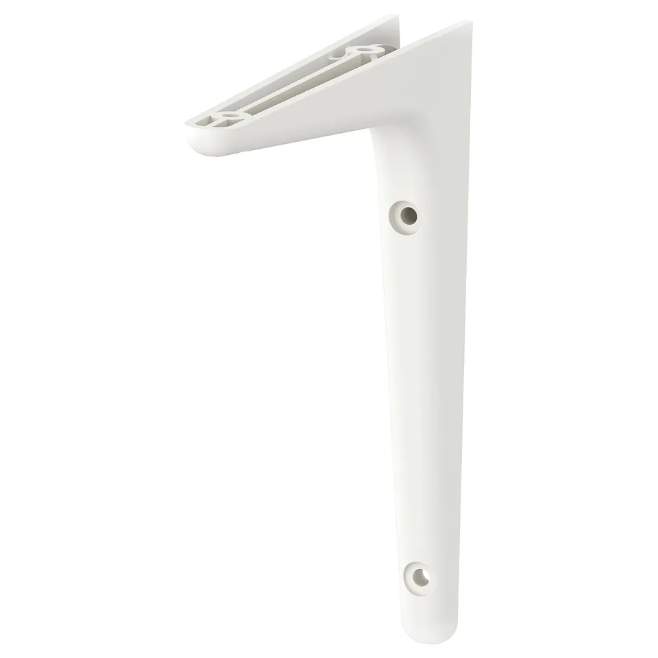 A white SIBBHULT wall shelf bracket. Its made of recycled polypropylene plastic, with a simple and stable design.