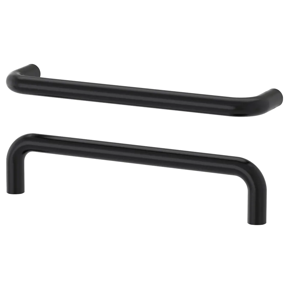 Image shows two black BAGGANÄS handles, sleek and modern, likely used for cabinets or drawers, made of steel with smooth edges.