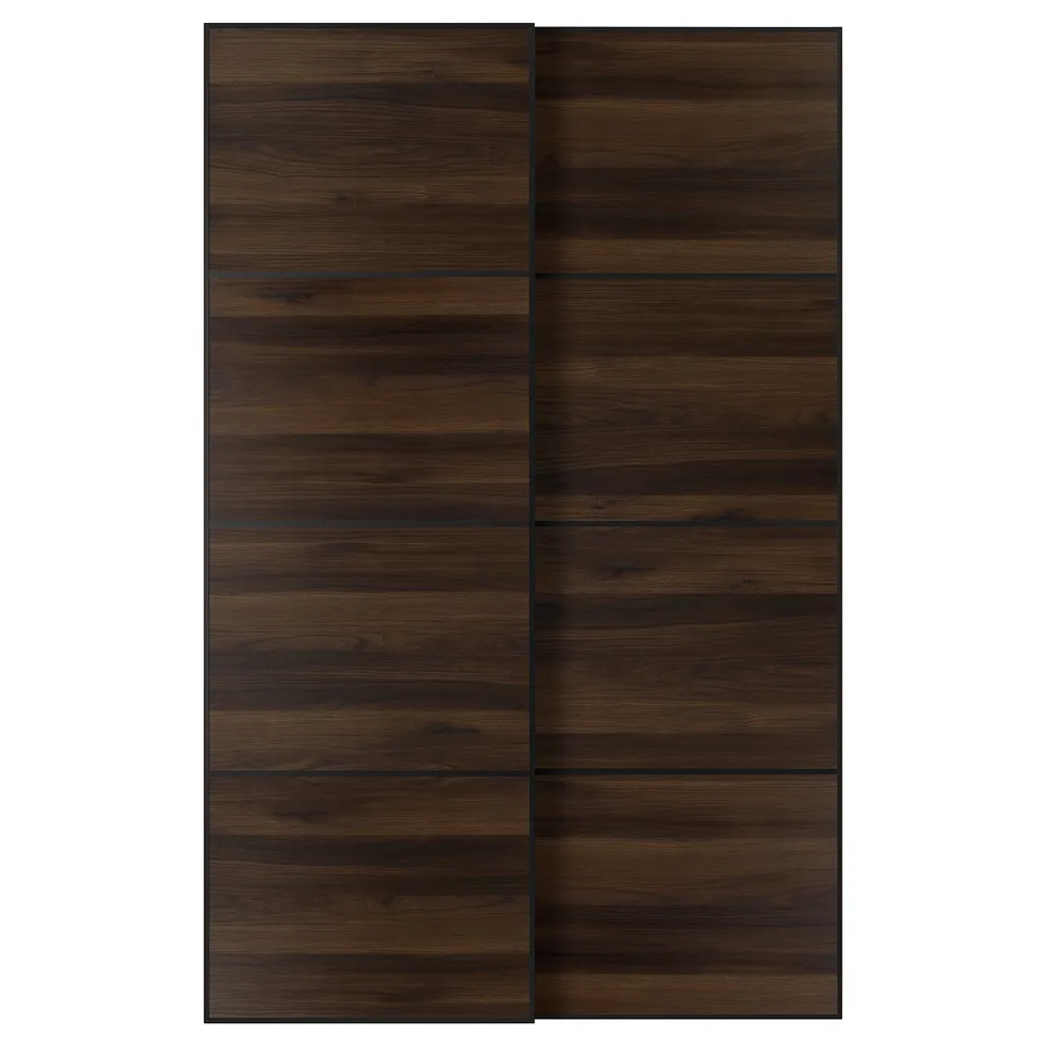 MEHAMN Pair of sliding doors, black/double sided dark brown oak effect, 150x236 cm