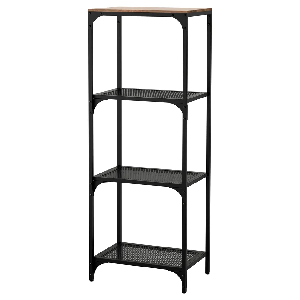 FJÄLLBO metal and wood shelf, black. Three-tiered, industrial design for rustic storage.