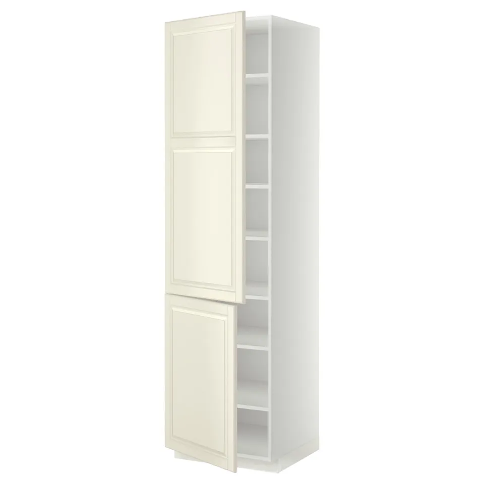 A tall METOD kitchen cabinet in off-white with adjustable shelves, featuring bevelled edges for a traditional look.