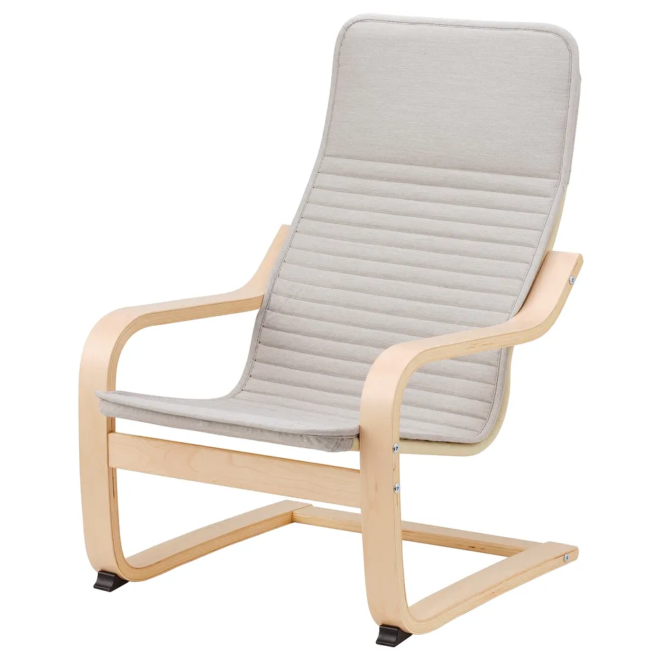 Modern grey fabric armchair, light wood frame, reclined seat, stylish with clean lines.