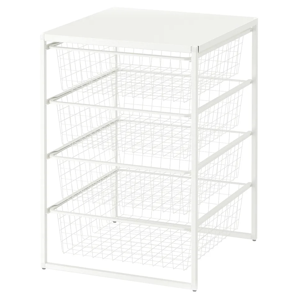 A white JONAXEL storage unit with four wire baskets and a top shelf, made of steel and powder-coated for durability.