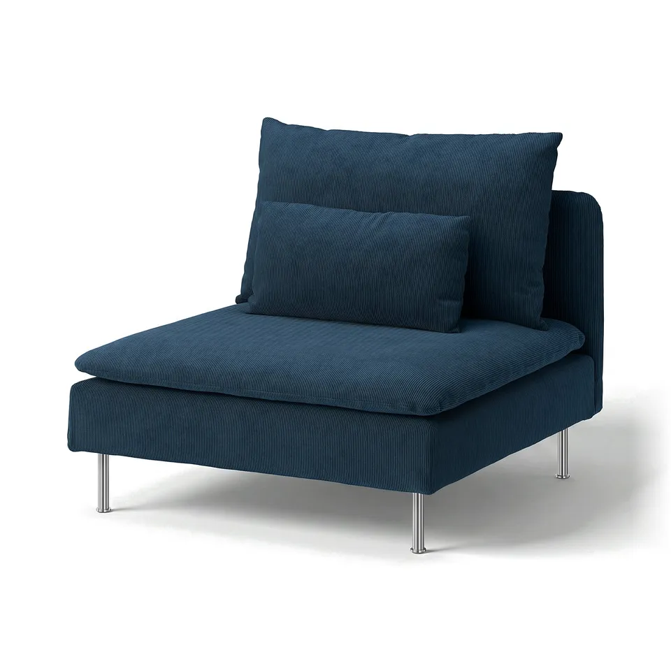 A blue SÖDERHAMN armchair with a sleek design and metal legs. It a removable, machine-washable fabric cover made from recycled polyester.