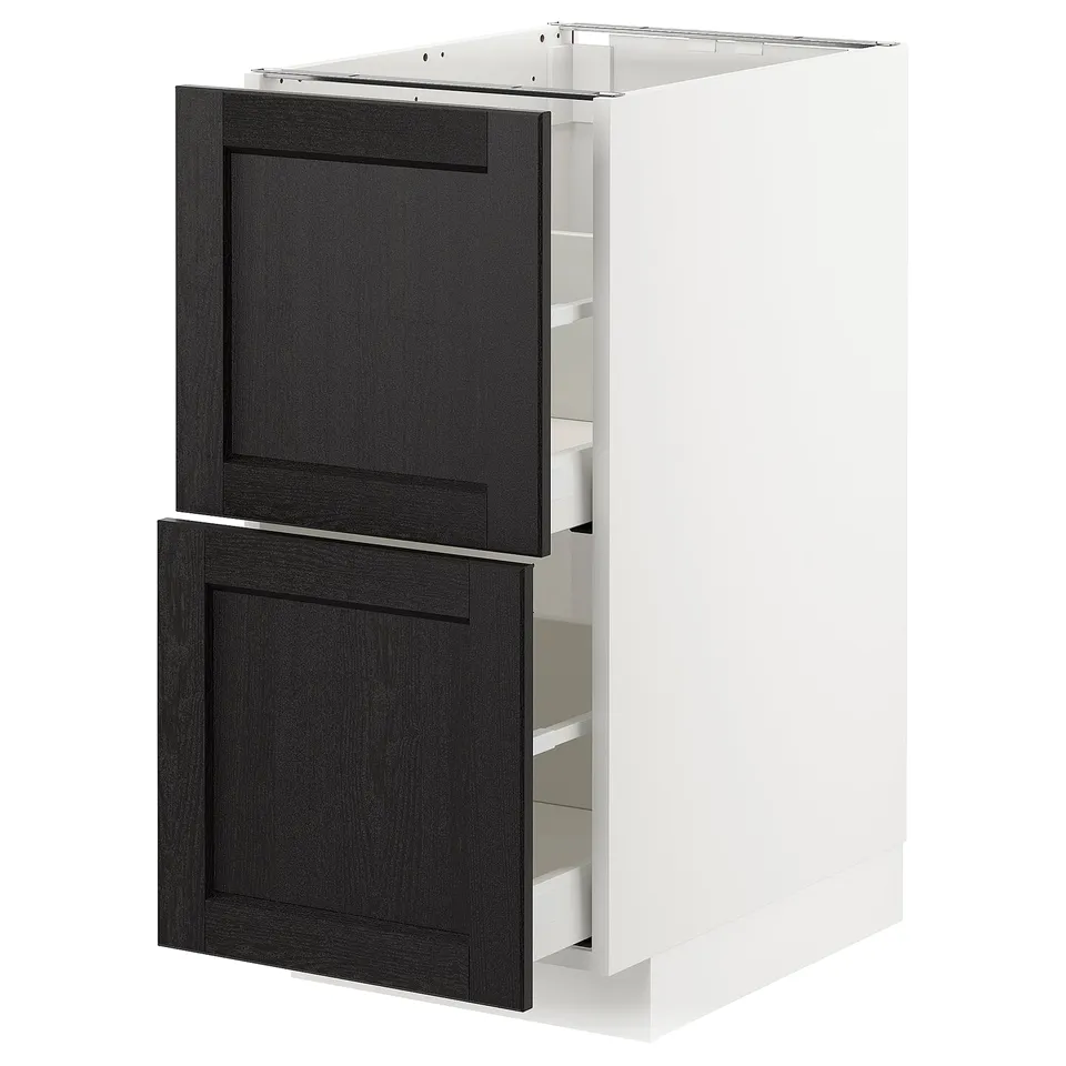 METOD kitchen unit, black-stained ash, white frame, two drawers, square edges.