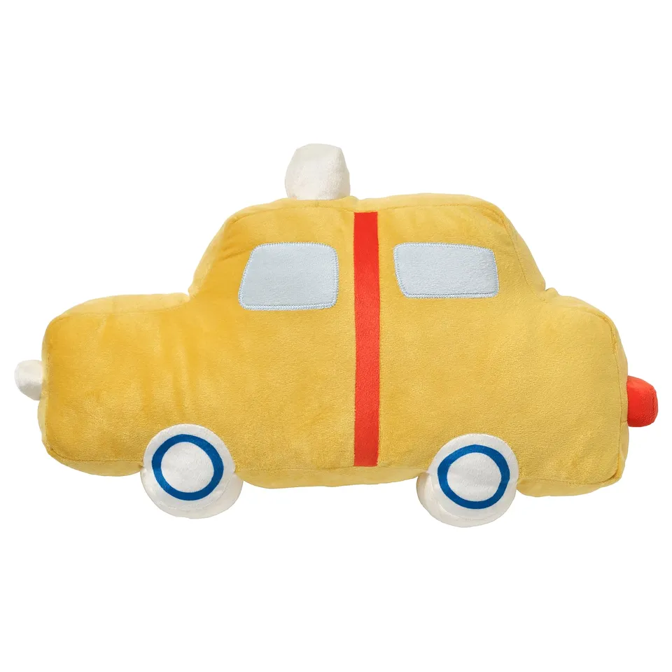 Soft yellow stuffed taxi toy, white windows, blue & white wheels, red stripe.