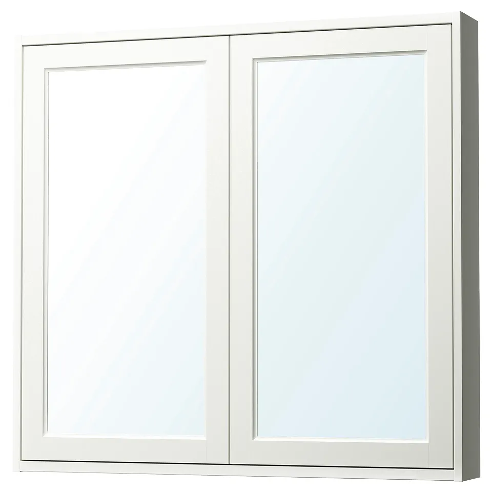 TÄNNFORSEN white mirror cabinet, classic design, bevelled panels, shallow depth, wall-mounted, 10-year guarantee.