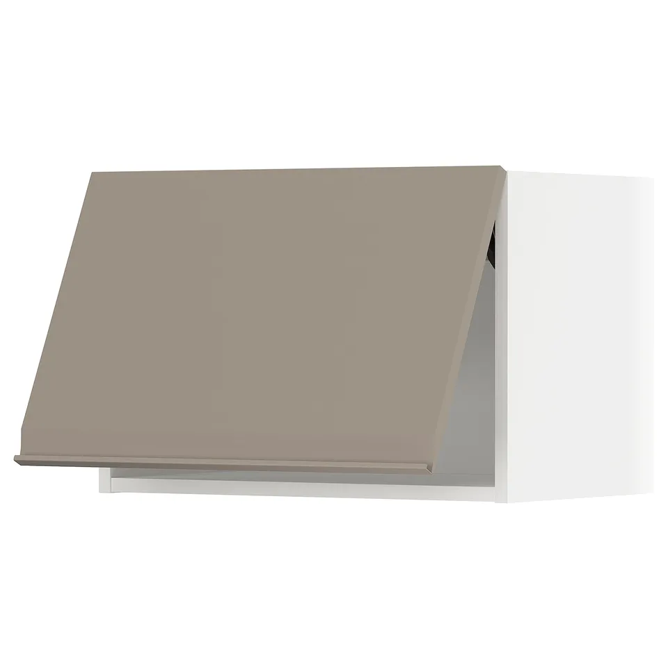 Modern kitchen cabinet in grey-beige with sleek, handle-less design and angled top.