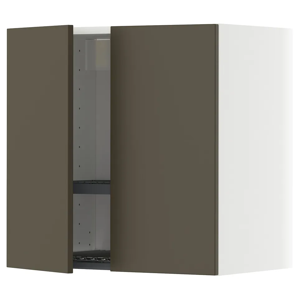 Dark brown kitchen cabinet with adjustable shelf and snap-on hinge, modern design.