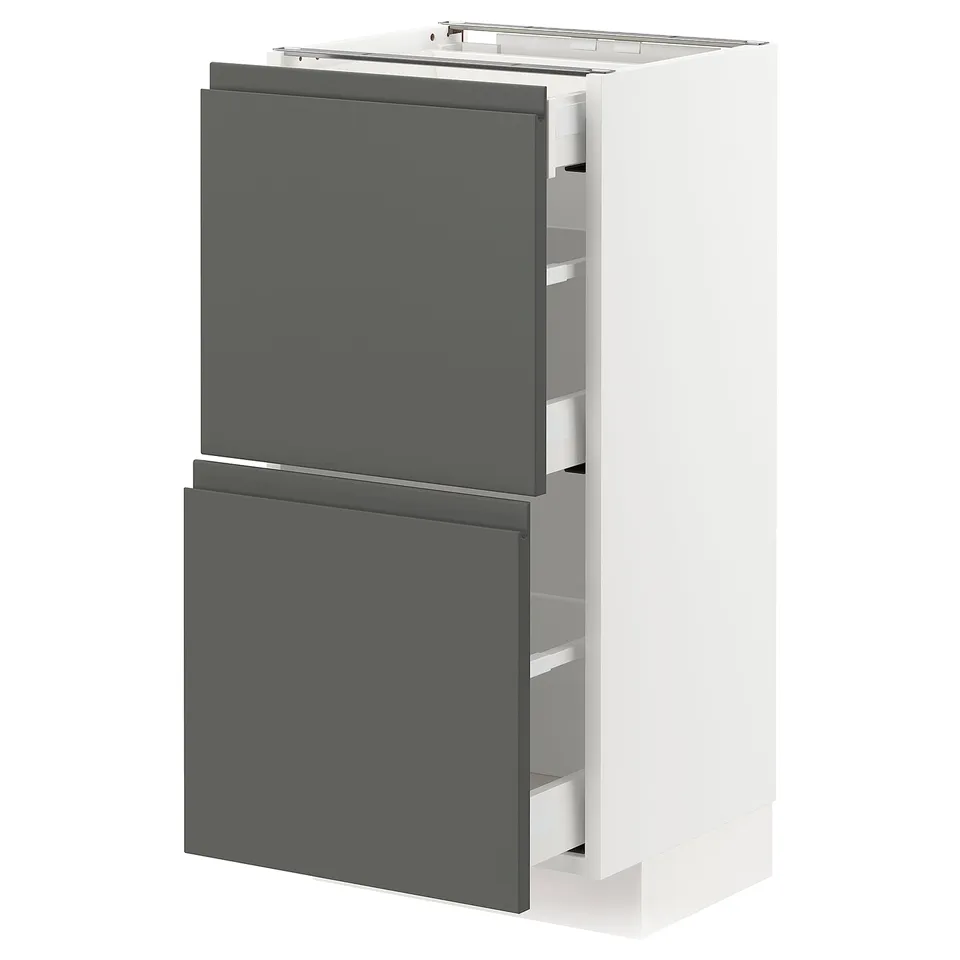 Modern METOD kitchen unit in white and dark grey. Two drawers, sleek design, white cabinet, grey drawer fronts.