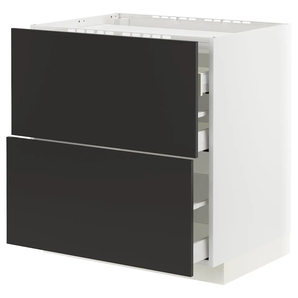 Modern black and white kitchen unit with two drawers and smooth metal runners.