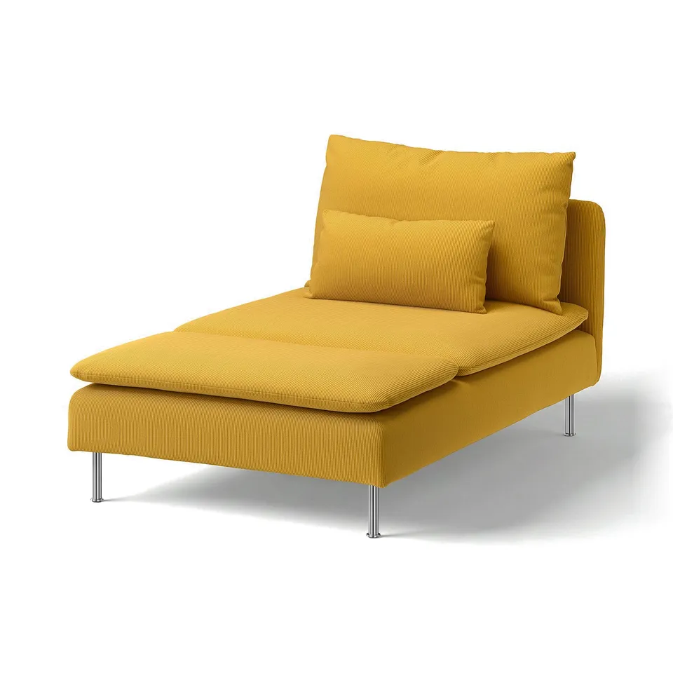 Bright yellow SÖDERHAMN chaise lounge with cushions, supported by four metal legs, designed in modern minimalist style.